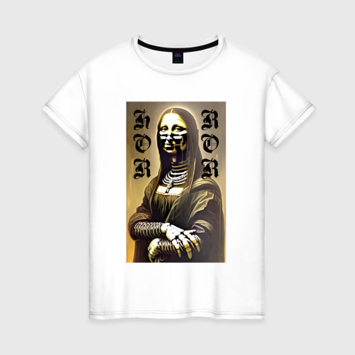 Женская футболка из хлопка с принтом Mona Lisa - horror - gothic - neural network, вид спереди №1