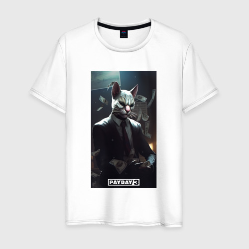 Мужская футболка из хлопка с принтом Payday 3 white cat, вид спереди №1