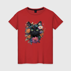 Женская футболка хлопок Чёрный кот в цветах