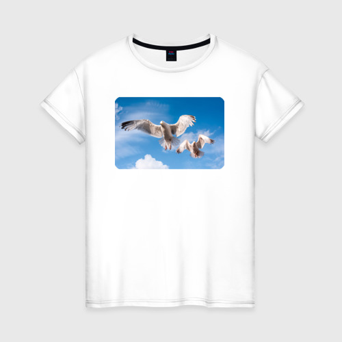 Женская футболка из хлопка с принтом Чайки в небе, вид спереди №1