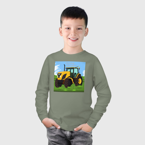 Детский лонгслив хлопок с принтом Трактор желтый, фото на моделе #1