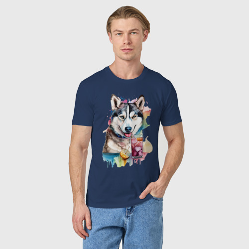 Мужская футболка хлопок с принтом Собака хаски, фото на моделе #1