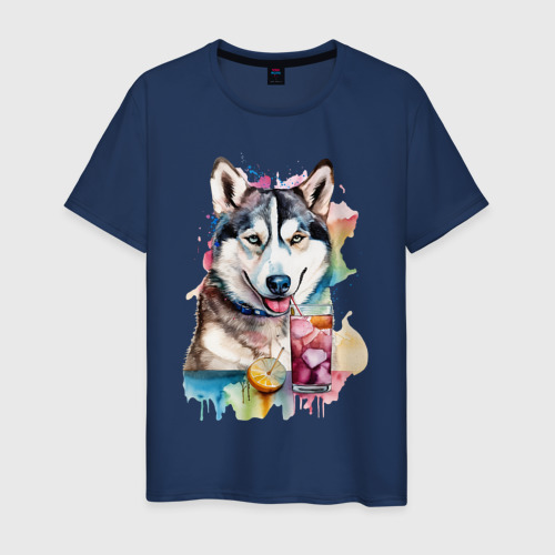 Мужская футболка хлопок с принтом Собака хаски, вид спереди #2