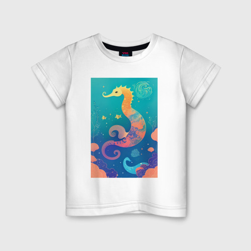 Детская футболка из хлопка с принтом Морской конь, вид спереди №1