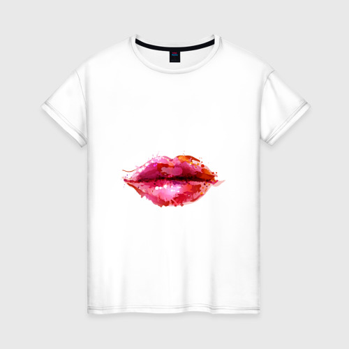 Женская футболка из хлопка с принтом Красные акварельные губы, вид спереди №1