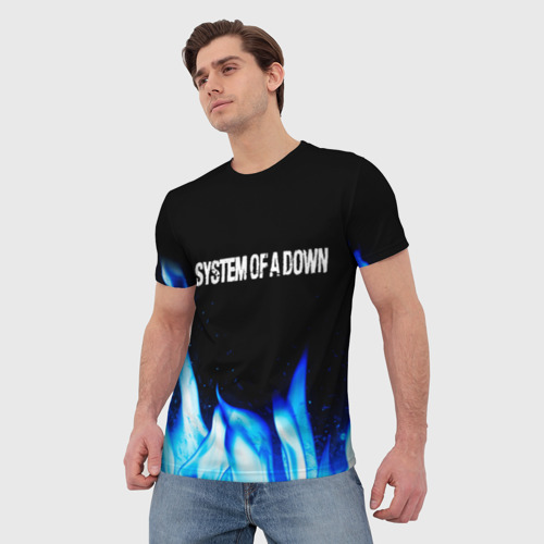 Мужская футболка 3D с принтом System of a Down blue fire, фото на моделе #1