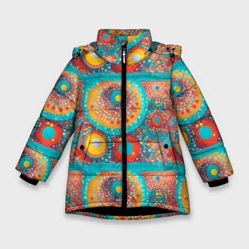 Зимняя куртка для девочек 3D с принтом Круги полосы абстракция, вид спереди #2