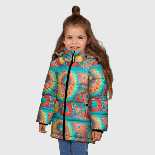 Зимняя куртка для девочек 3D с принтом Круги полосы абстракция, фото на моделе #1
