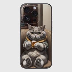Чехол для iPhone 16 Pro силиконовый с защитой камеры Кот сидит на диване с напитком