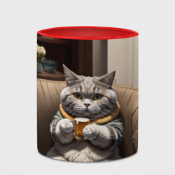 Кружка с принтом Кот сидит на диване с напитком для любого человека, вид спереди №4. Цвет основы: белый + красный
