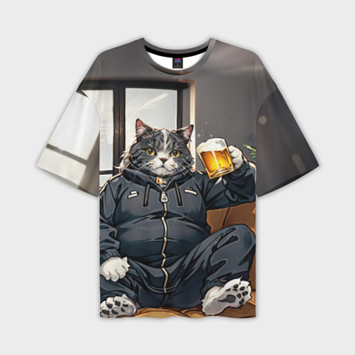 Мужская футболка oversize 3D Толстый кот со стаканом пива, цвет 3D печать