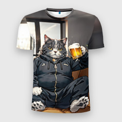 Мужская футболка 3D Slim Толстый кот со стаканом пива
