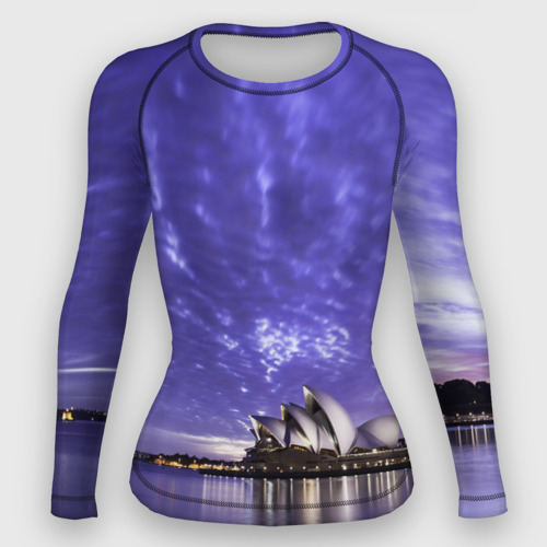 Женский рашгард 3D с принтом Сидней в фиолетовом в закате, вид спереди #2