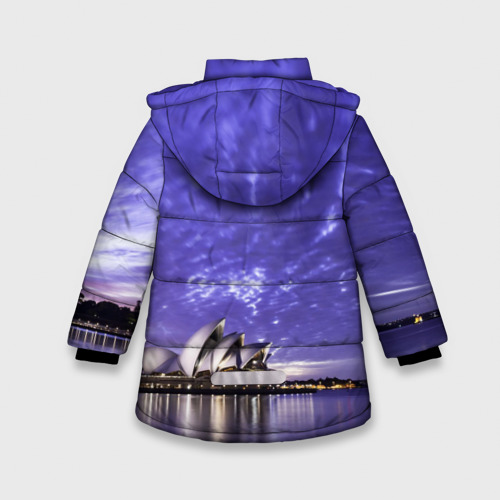 Зимняя куртка для девочек 3D с принтом Сидней в фиолетовом в закате, вид сзади #1