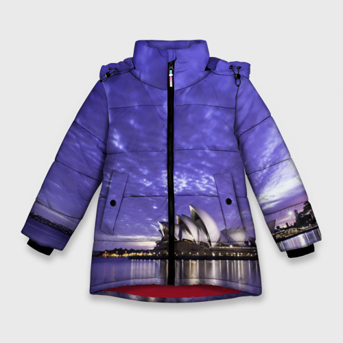 Зимняя куртка для девочек 3D с принтом Сидней в фиолетовом в закате, вид спереди #2