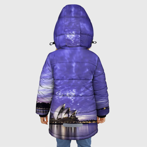 Зимняя куртка для девочек 3D с принтом Сидней в фиолетовом в закате, вид сзади #2