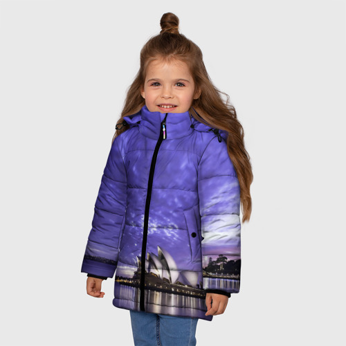Зимняя куртка для девочек 3D с принтом Сидней в фиолетовом в закате, фото на моделе #1