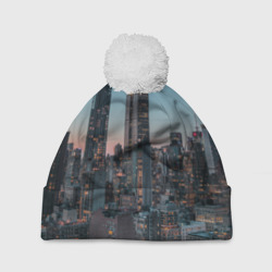 Шапка 3D c помпоном Утренний город с небоскребами