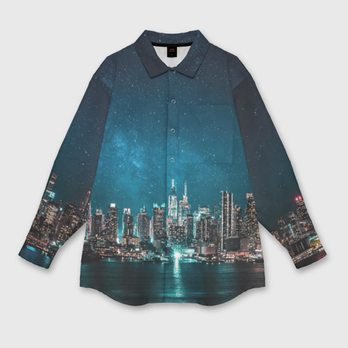Женская рубашка oversize 3D с принтом Большой город в звездах, вид спереди #2