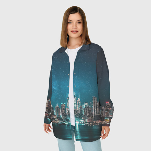 Женская рубашка oversize 3D с принтом Большой город в звездах, фото на моделе #1