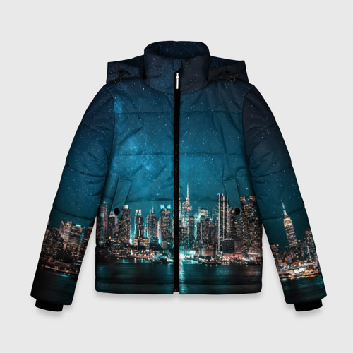 Зимняя куртка для мальчиков 3D с принтом Большой город в звездах, вид спереди #2