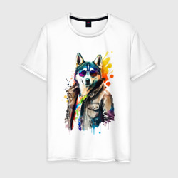 Мужская футболка хлопок Собака Хаски в одежде