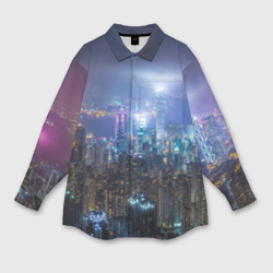 Мужская рубашка oversize 3D Большой город в розово-голубых огнях