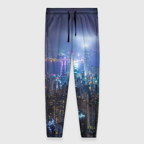 Женские брюки 3D с принтом Большой город в розово-голубых огнях, вид спереди #2