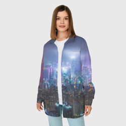 Женская рубашка oversize 3D Большой город в розово-голубых огнях - фото 2