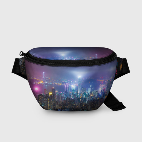 Поясная сумка 3D с принтом Большой город в розово-голубых огнях, вид спереди #2