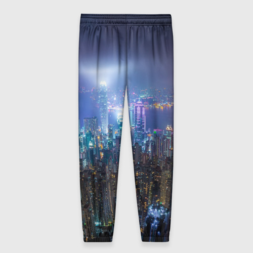 Женские брюки 3D с принтом Большой город в розово-голубых огнях, вид сзади #1