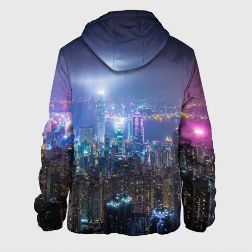 Мужская куртка 3D с принтом Большой город в розово-голубых огнях, вид сзади #1