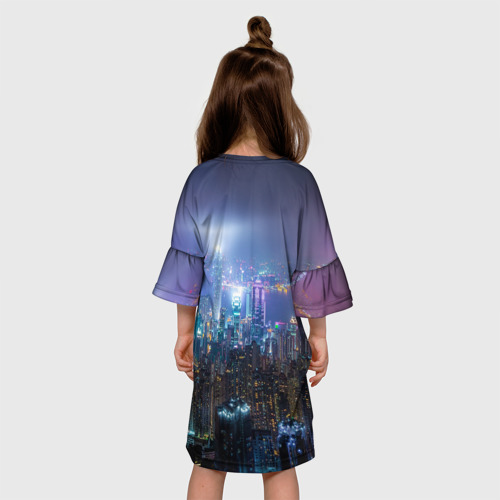 Детское платье 3D с принтом Большой город в розово-голубых огнях, вид сзади #2