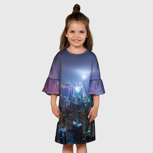 Детское платье 3D с принтом Большой город в розово-голубых огнях, вид сбоку #3