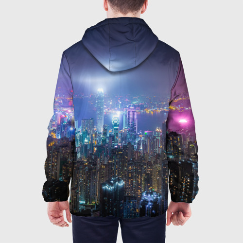 Мужская куртка 3D с принтом Большой город в розово-голубых огнях, вид сзади #2