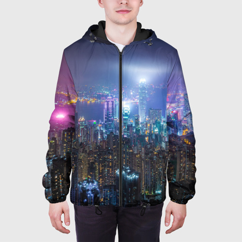 Мужская куртка 3D с принтом Большой город в розово-голубых огнях, вид сбоку #3