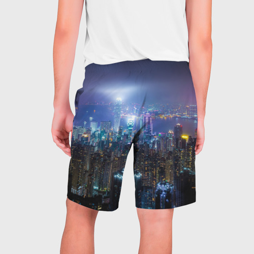 Мужские шорты 3D с принтом Большой город в розово-голубых огнях, вид сзади #1