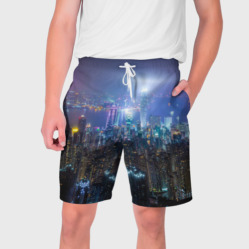 Мужские шорты 3D с принтом Большой город в розово-голубых огнях, вид спереди #2