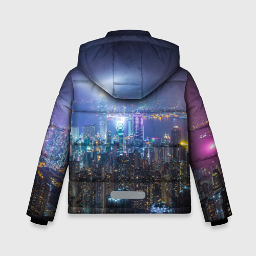 Зимняя куртка для мальчиков 3D с принтом Большой город в розово-голубых огнях, вид сзади #1