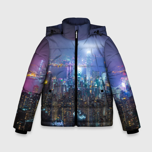 Зимняя куртка для мальчиков 3D с принтом Большой город в розово-голубых огнях, вид спереди #2