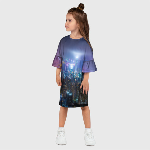 Детское платье 3D с принтом Большой город в розово-голубых огнях, фото на моделе #1