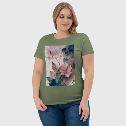 Женская футболка хлопок Листья акварель, цвет авокадо - фото 6