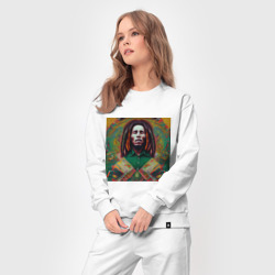 Костюм с принтом Фрактальный граффити арт Боб Марли для женщины, вид на модели спереди №3. Цвет основы: белый