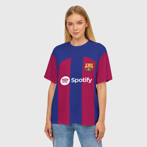 Женская футболка oversize 3D Роберт Левандовский Барселона форма 23-24 домашняя, цвет 3D печать - фото 3