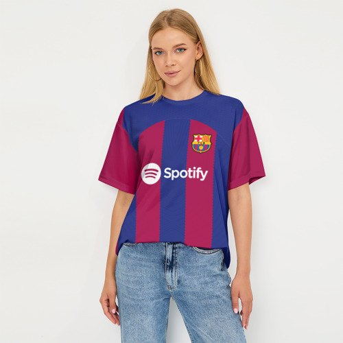 Женская футболка oversize 3D Роберт Левандовский Барселона форма 23-24 домашняя, цвет 3D печать - фото 5