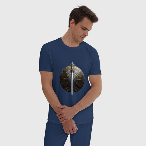Мужская пижама хлопок Щит и меч викинга, цвет темно-синий - фото 3
