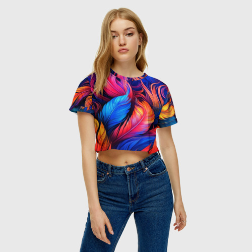 Женская футболка Crop-top 3D Экзотические перья, цвет 3D печать - фото 3