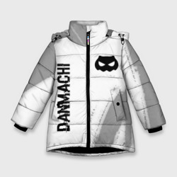 Зимняя куртка для девочек 3D DanMachi glitch на светлом фоне: надпись, символ
