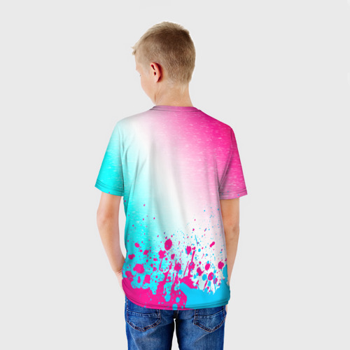 Детская футболка 3D с принтом Ssangyong neon gradient style: символ сверху, вид сзади #2