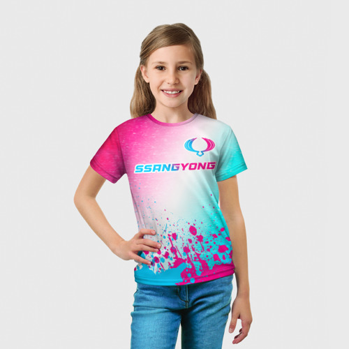 Детская футболка 3D с принтом Ssangyong neon gradient style: символ сверху, вид сбоку #3